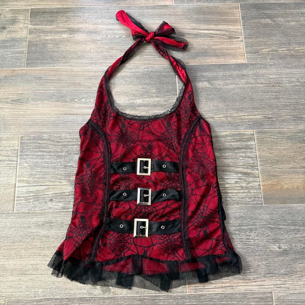 Grunge Halloween costume lace Red black spiderweb print halter top Grommet belts